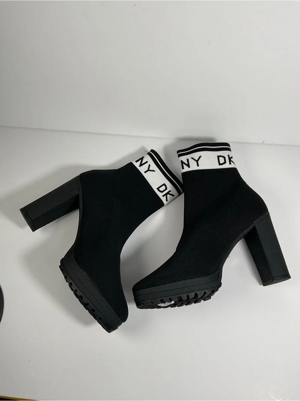 DKNY Black Knit Logo Sock Ankle Bootie Slip On Stretch Block Heel US 9.5 - Picture 7 of 8